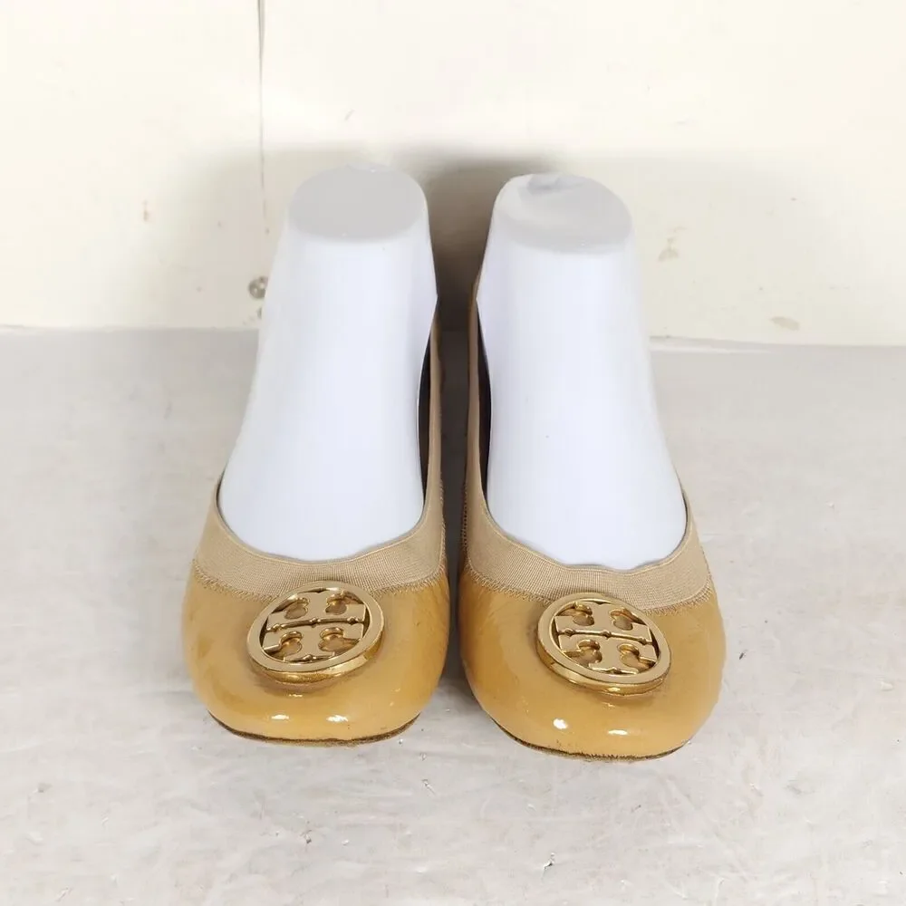 TORY BURCH Women's Caroline 2 US 8M Tan Leather Logo Slip On Ballet Flats